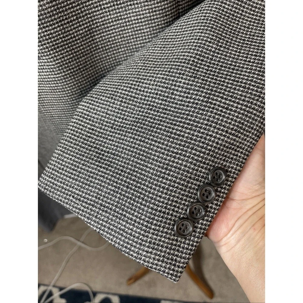 Wool Houndstooth Blazer Sport Coat Men 48R Blk/Beige‎ Office Evening Business